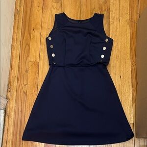 VENUS Navy Mini Dress with Silver Accents. Size 8. See through back.